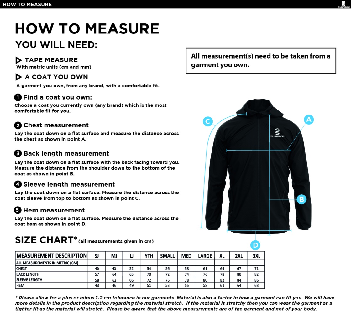 Oakfield Parkonians CC - Dual Elite 1/4 Zip Hoody / Rain Jacket - Size Guide