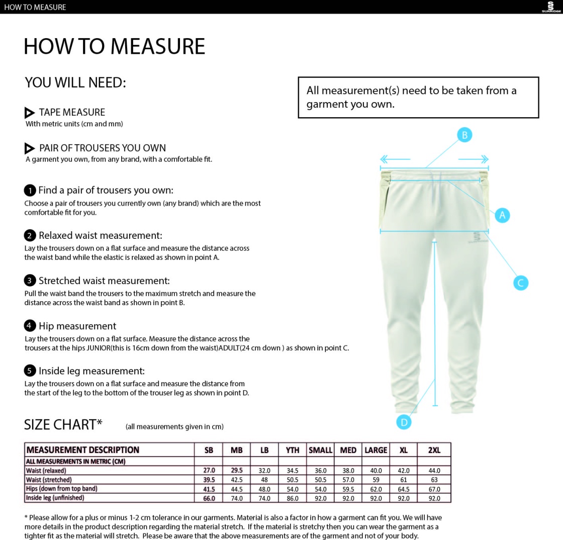 Oakfield Parkonians CC - Blade Playing Pant - Maroon - Size Guide