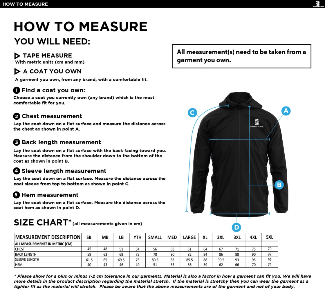 Oakfield Parkonians CC - Dual Full Zip Training Jacket - Size Guide