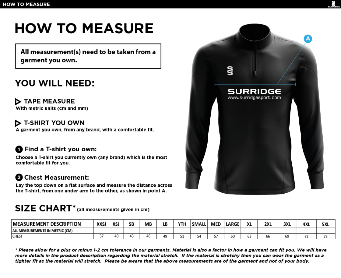 Oakfield Parkonians CC - 1/4 Zip Dual Performance Top - Size Guide