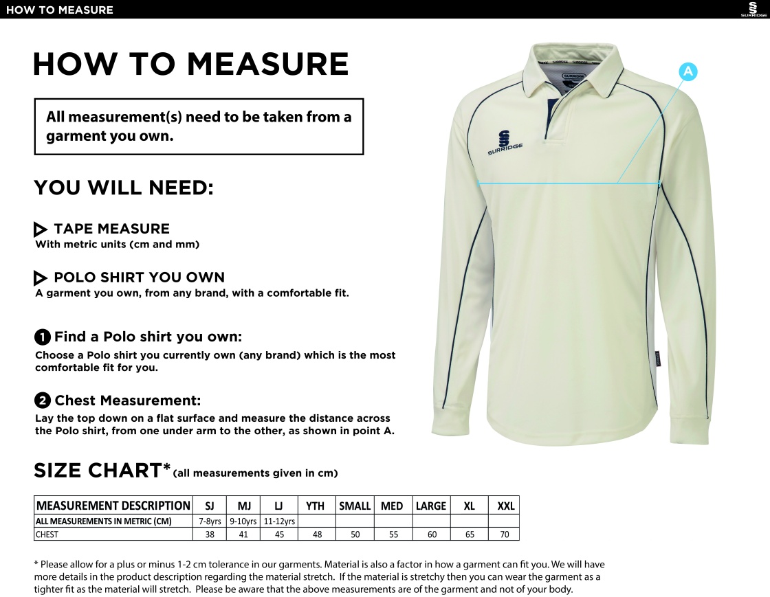 Oakfield Parkonians CC - Long Sleeve Shirt White Trim - Size Guide