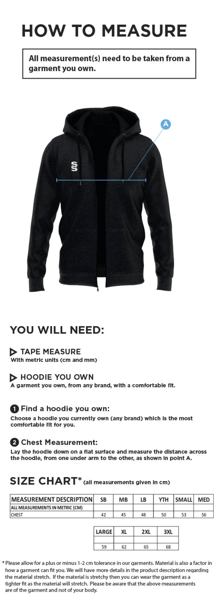 Oakfield Parkonians CC - Dual Full Zip Hoody - Size Guide