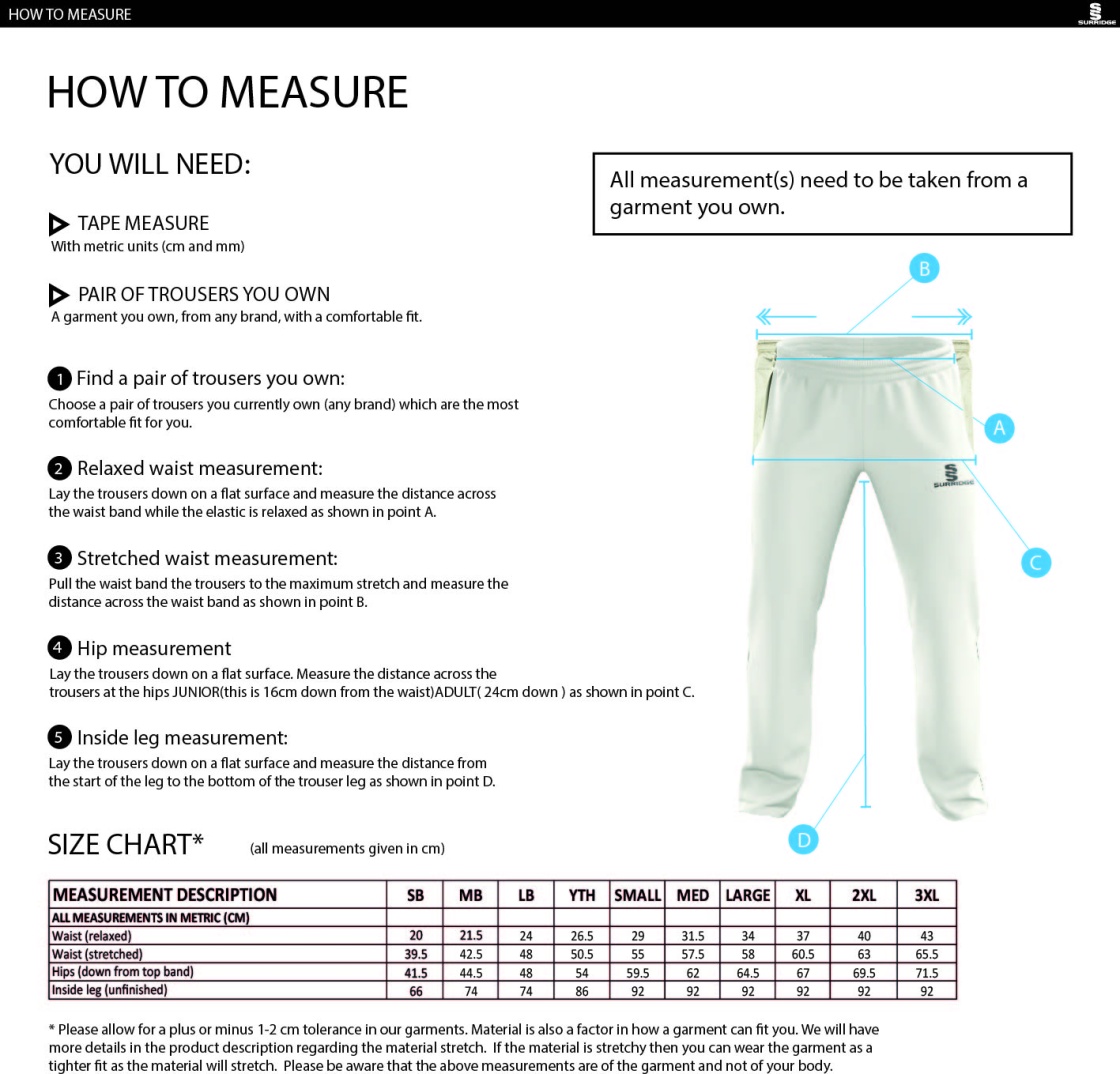 Oakfield Parkonians cc Standard Playing Pant - Size Guide