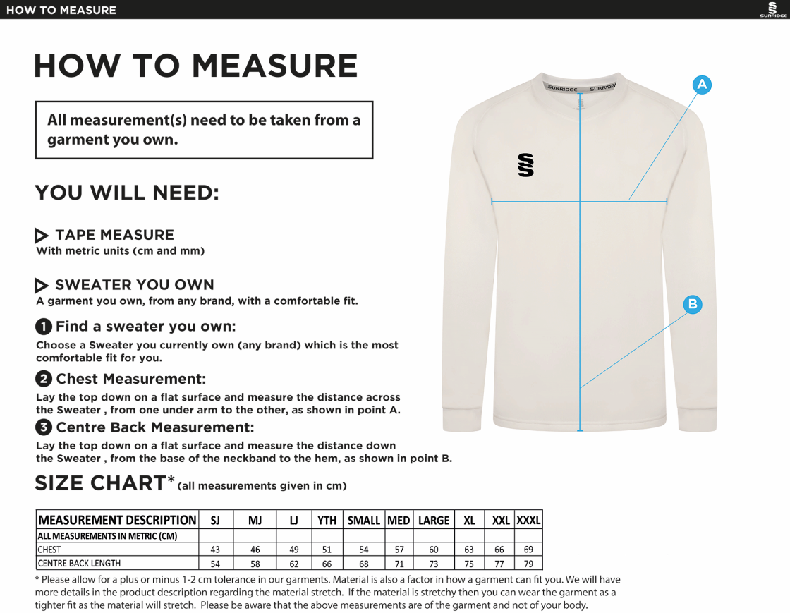 Oakfield Parkonians CC - Blast Long Sleeve Sweater - Size Guide