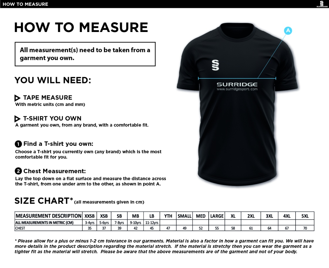 Oakfield Parkonians CC - Dual Gym T-shirt - Size Guide