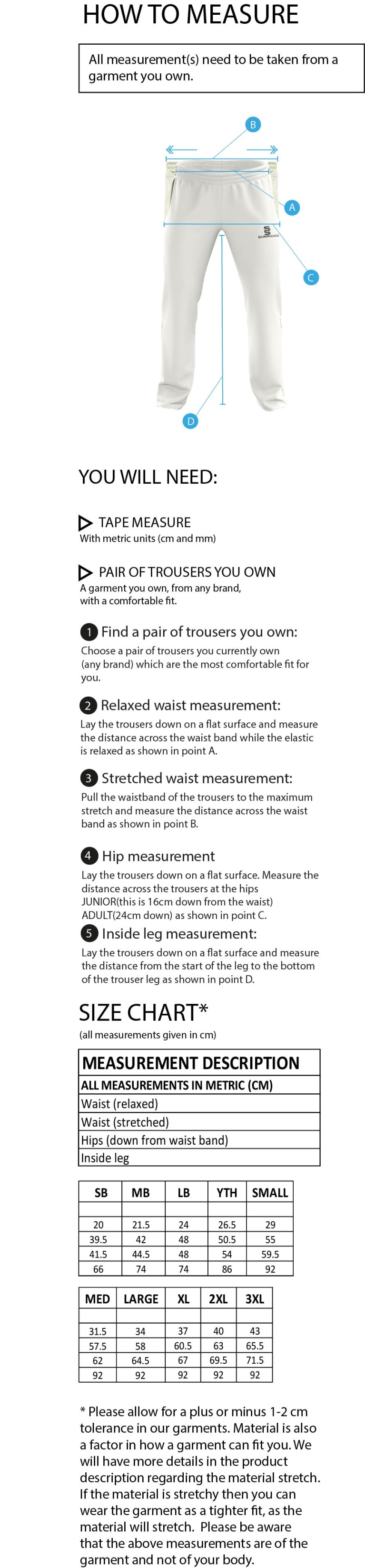 Oakfield Parkonians cc Standard Playing Pant - Size Guide