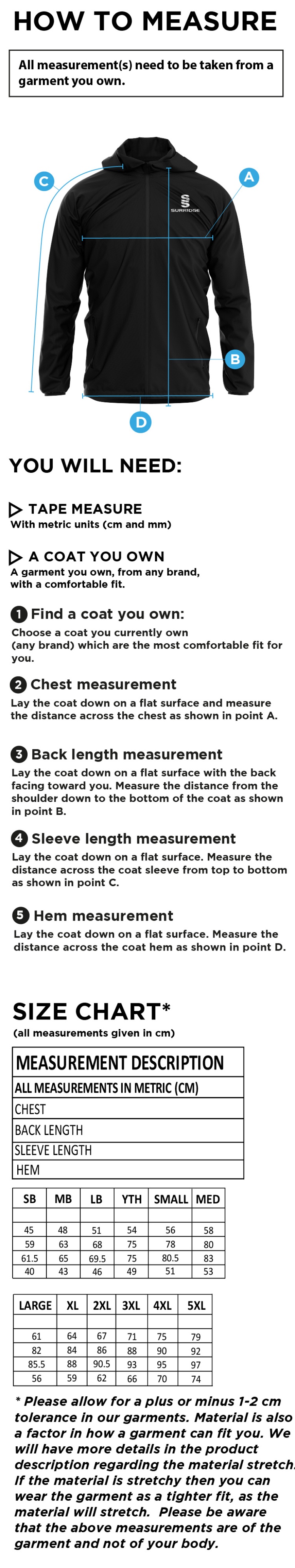 Oakfield Parkonians CC - Dual Full Zip Training Jacket - Size Guide
