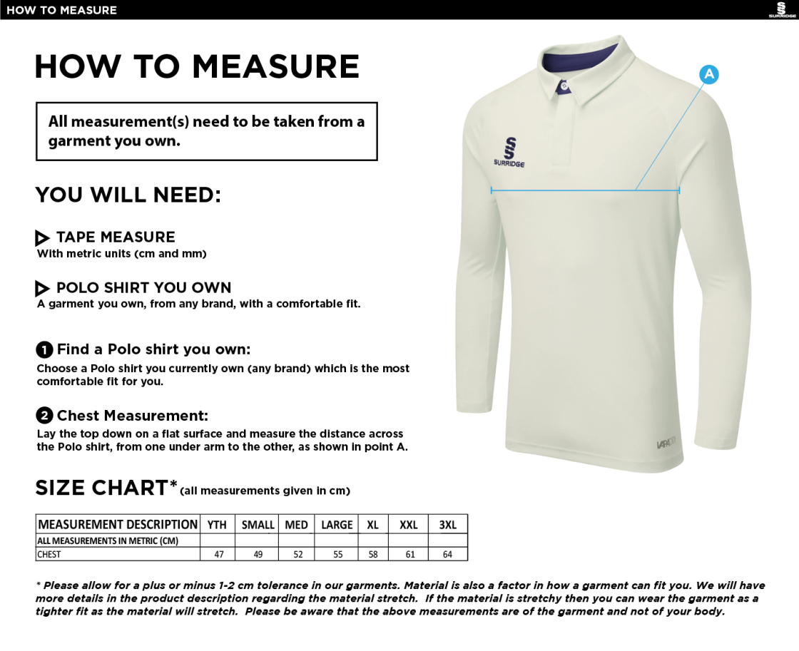 Oakfield Parkonians cc FUSE LONG SLEEVE CRICKET SHIRT - Mens / Juniors - Size Guide