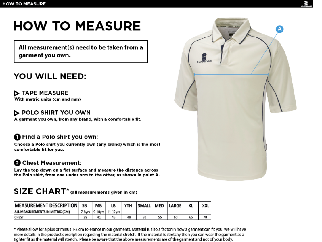 Oakfield Parkonians CC - Dual Premier Short Sleeve Shirt - Size Guide