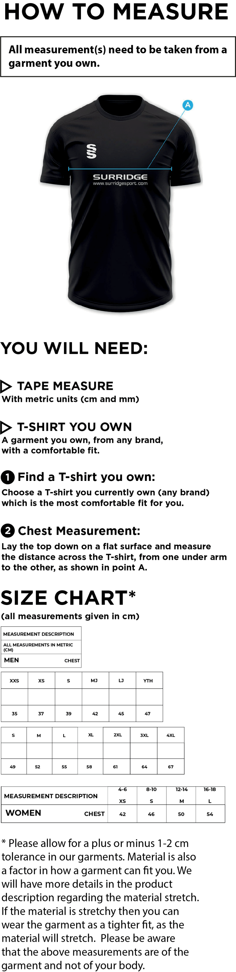 Oakfield Parkonians CC - Short Sleeved Playing T-Shirt - Size Guide