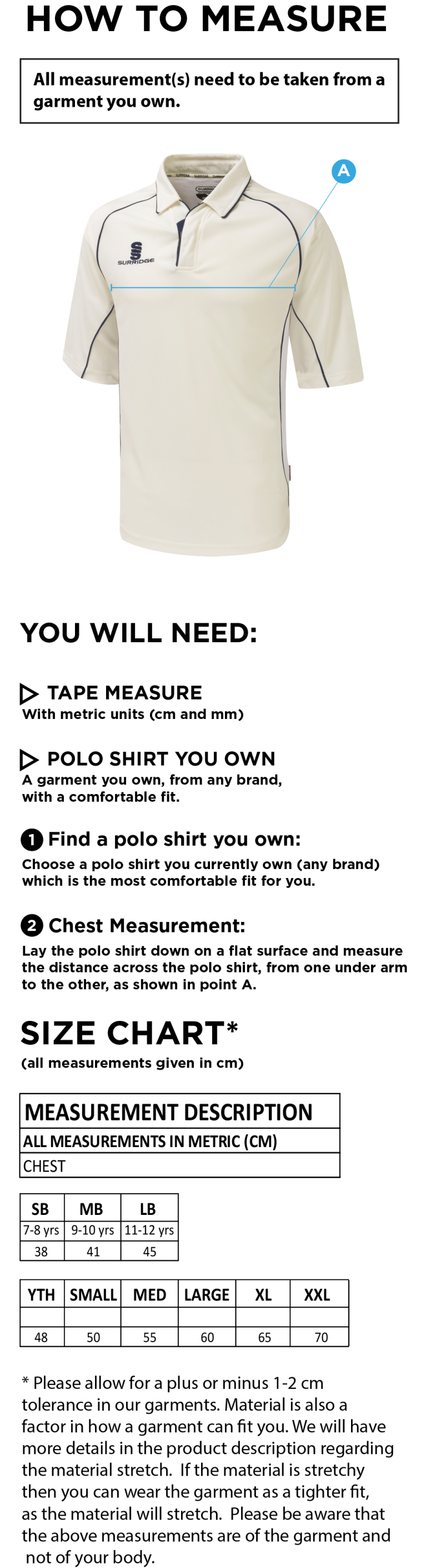 Oakfield Parkonians CC - Dual Premier Short Sleeve Shirt - Size Guide