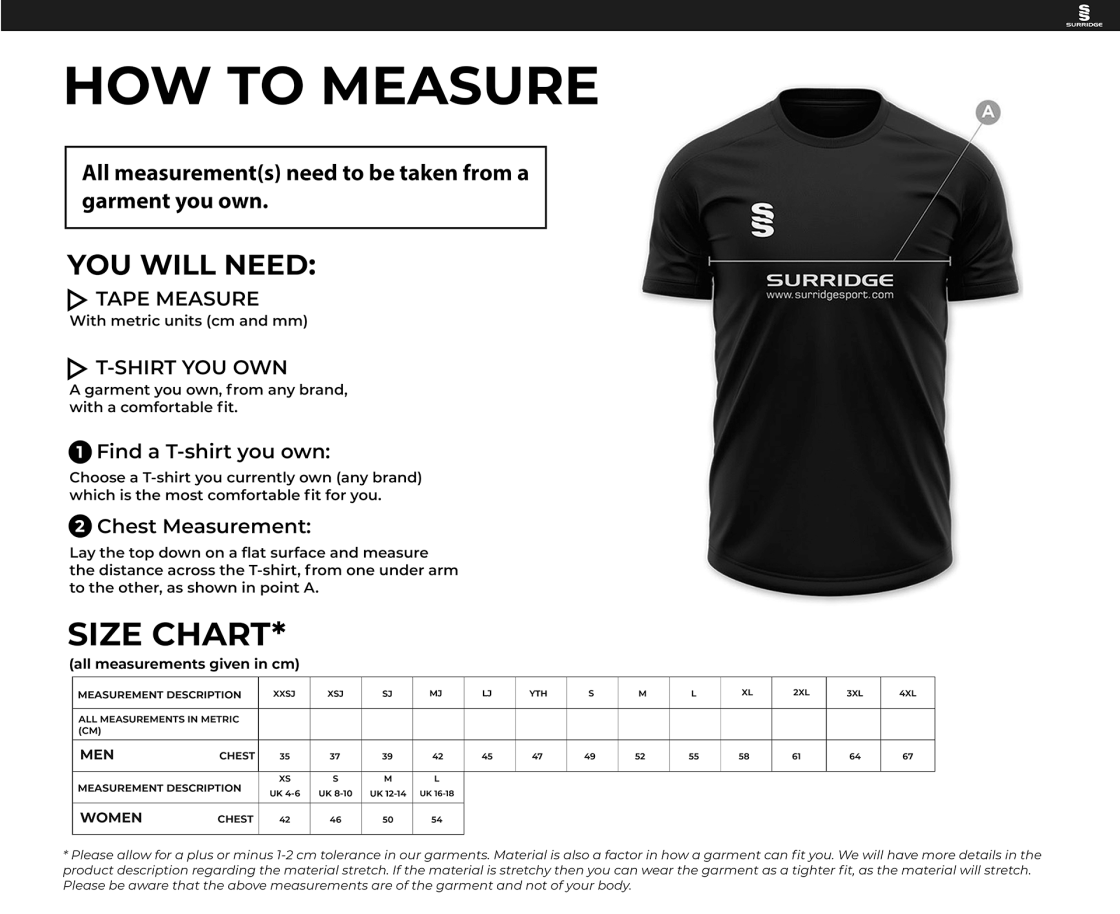 Oakfield Parkonians CC - Short Sleeved Playing T-Shirt - Size Guide
