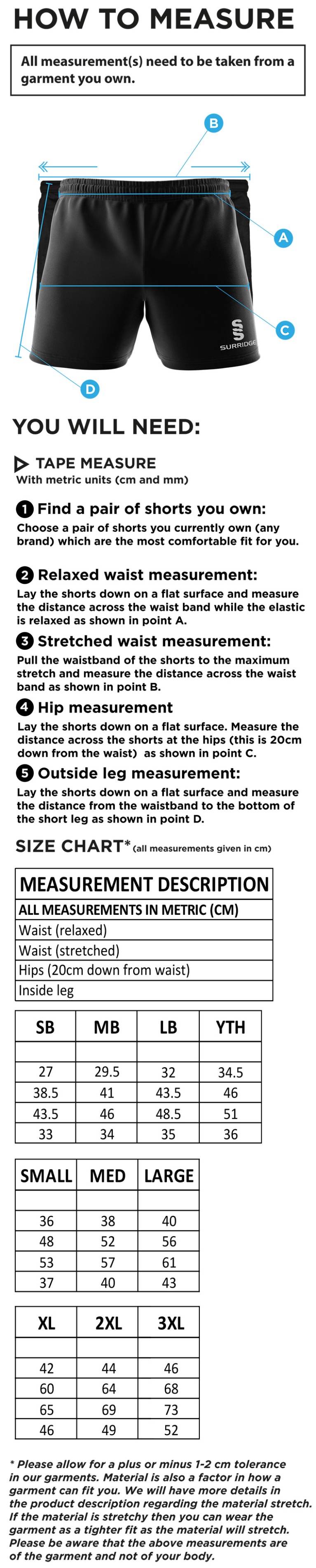 Oakfield Parkonians CC - Performance Gym Short - Size Guide