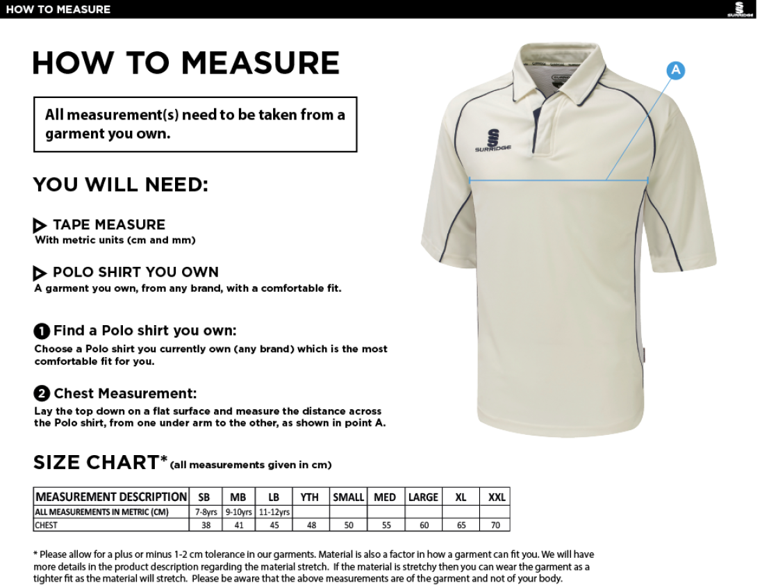 Oakfield Parkonians CC - Dual Premier Short Sleeve Shirt - Size Guide