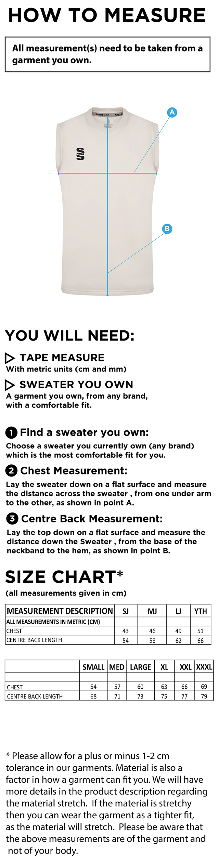 Oakfield Parkonians CC - Blast Sleeveless Sweater - Size Guide