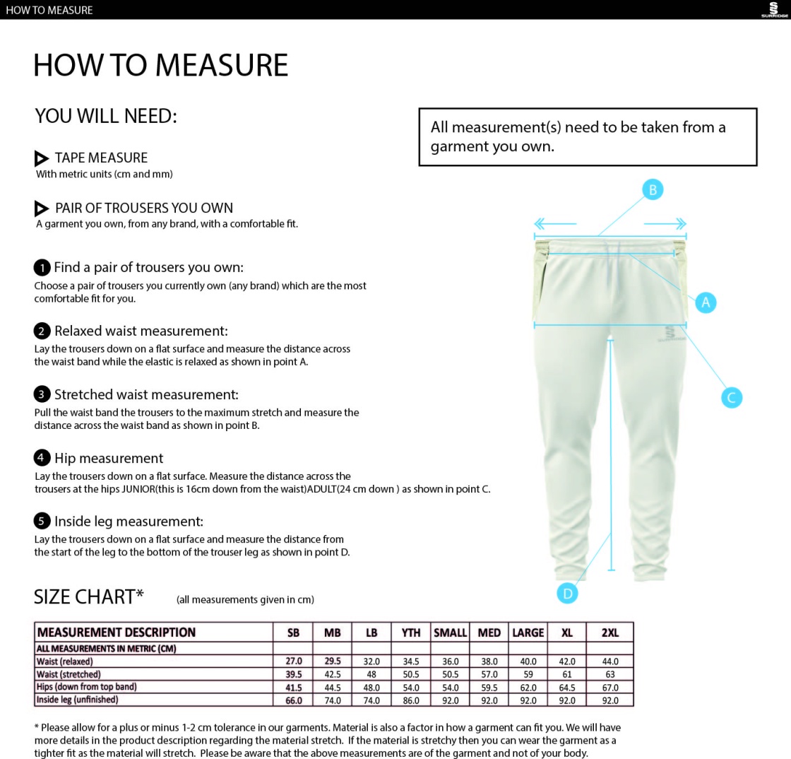 Oakfield Parkonians cc Ergo Playing Pant - Size Guide