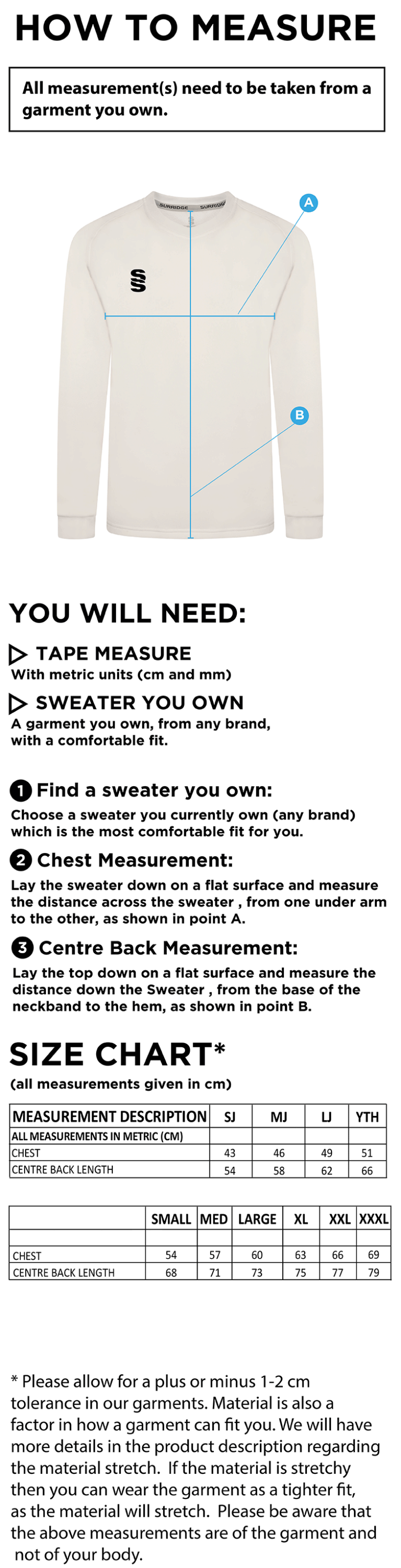 Oakfield Parkonians CC - Blast Long Sleeve Sweater - Size Guide