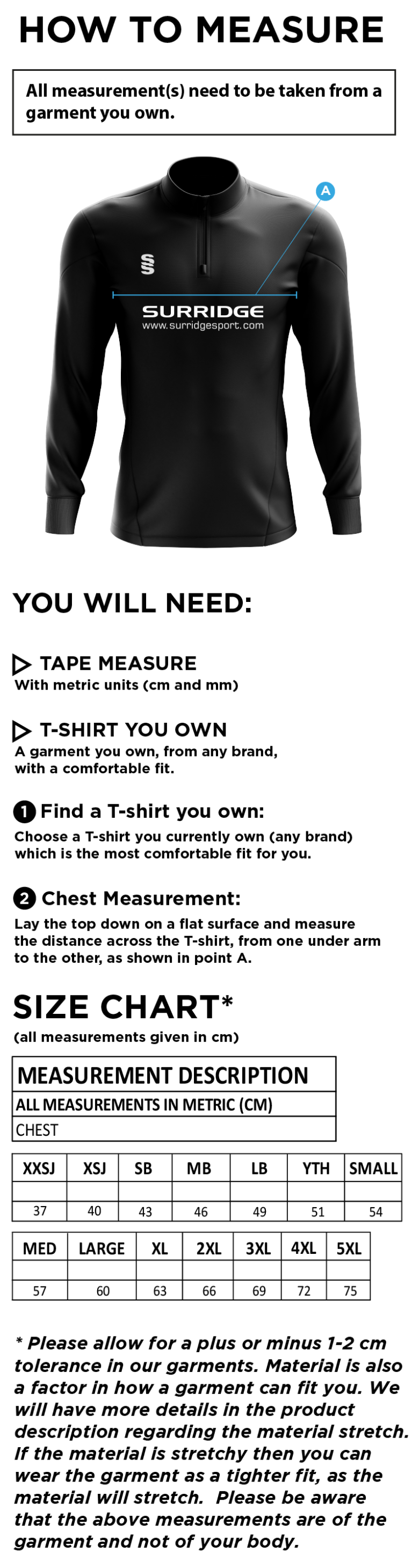 Oakfield Parkonians CC - 1/4 Zip Dual Performance Top - Size Guide