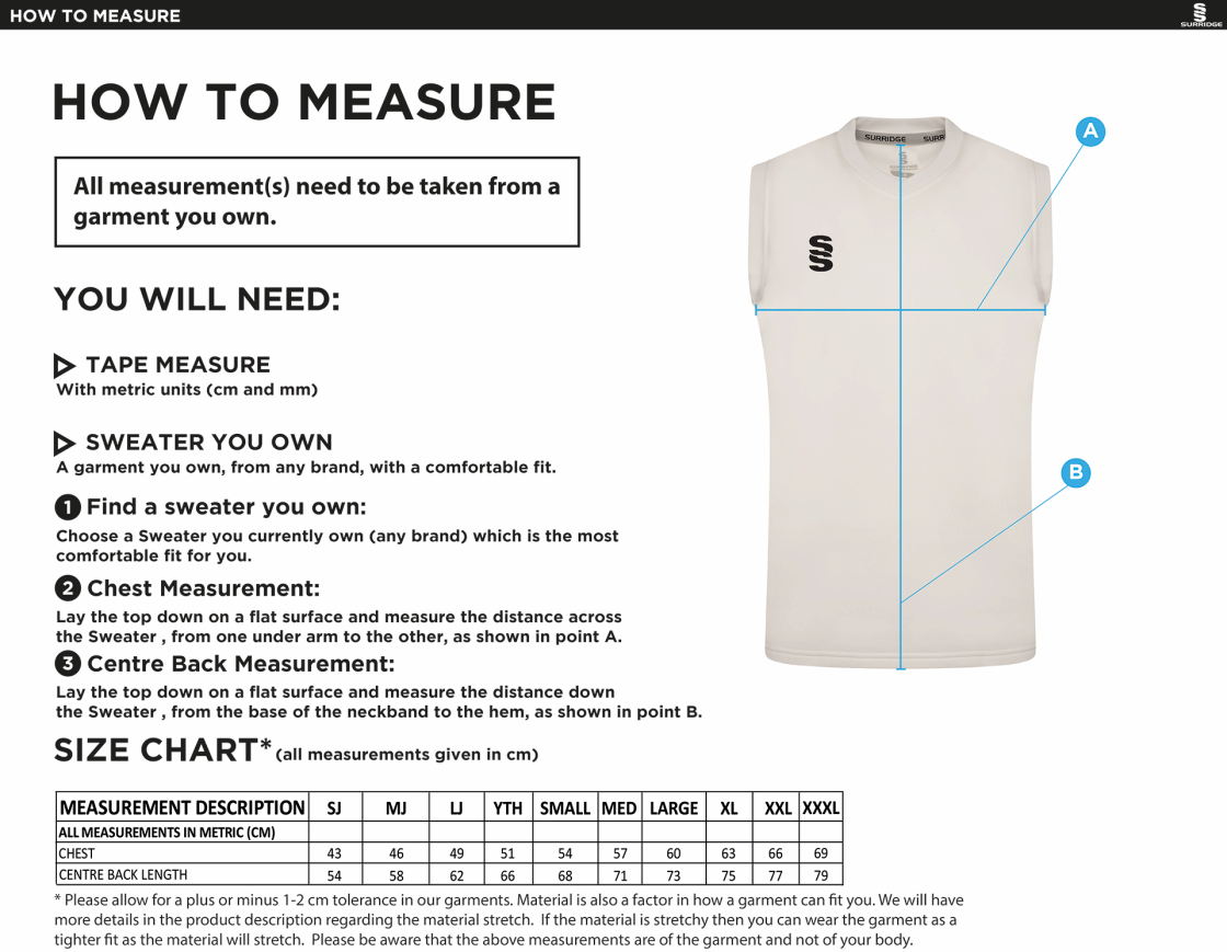 Oakfield Parkonians CC - Blast Sleeveless Sweater - Size Guide