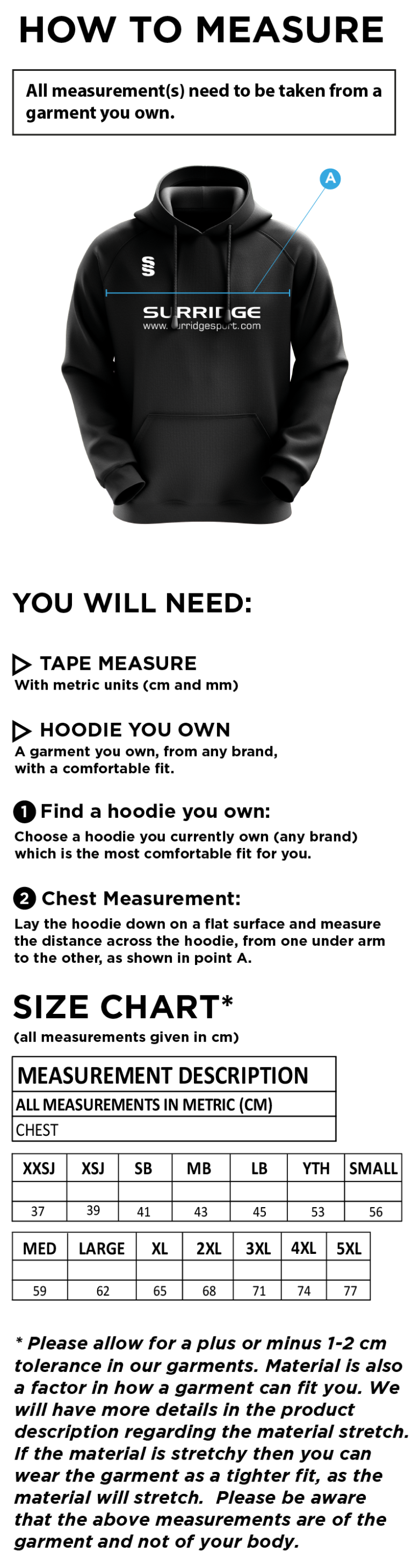 Oakfield Parkonians CC - Fuse Hoody - Size Guide