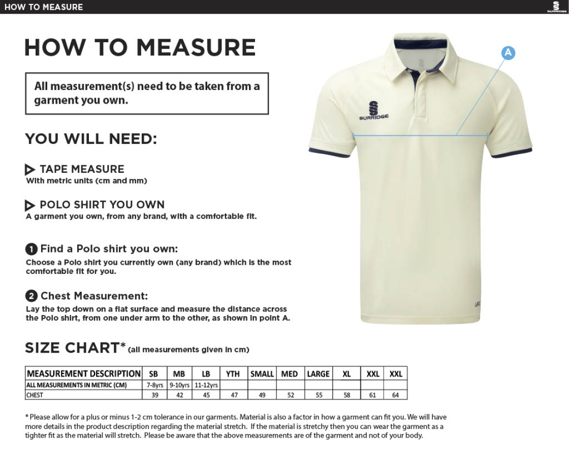 Oakfield Parkonians CC - Fuse Short Sleeve Cricket Shirt - Size Guide