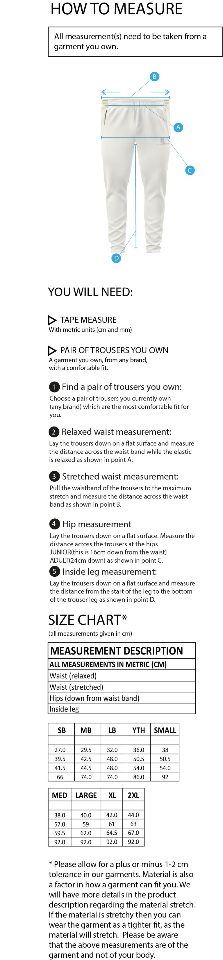 Oakfield Parkonians cc Ergo Playing Pant - Size Guide