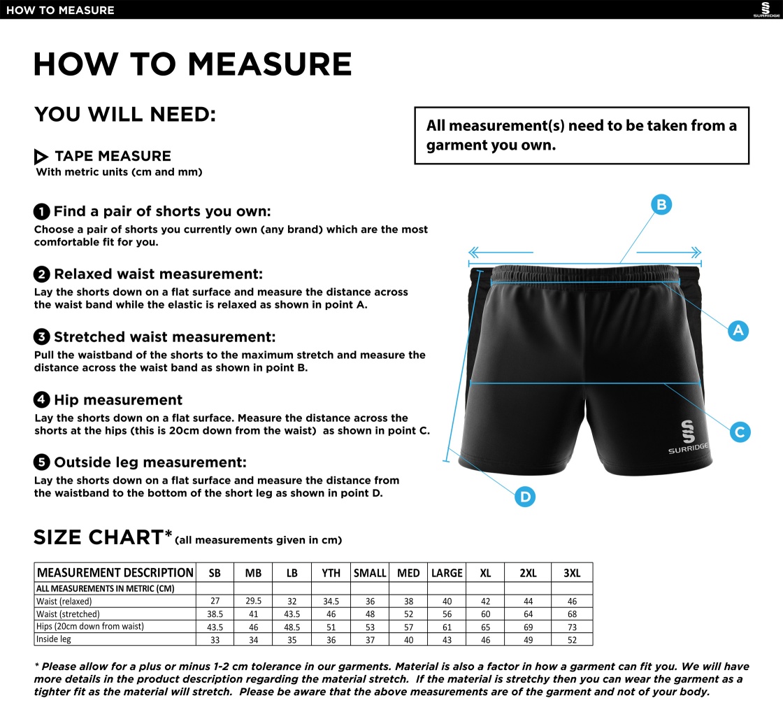 Oakfield Parkonians CC - Performance Gym Short - Size Guide