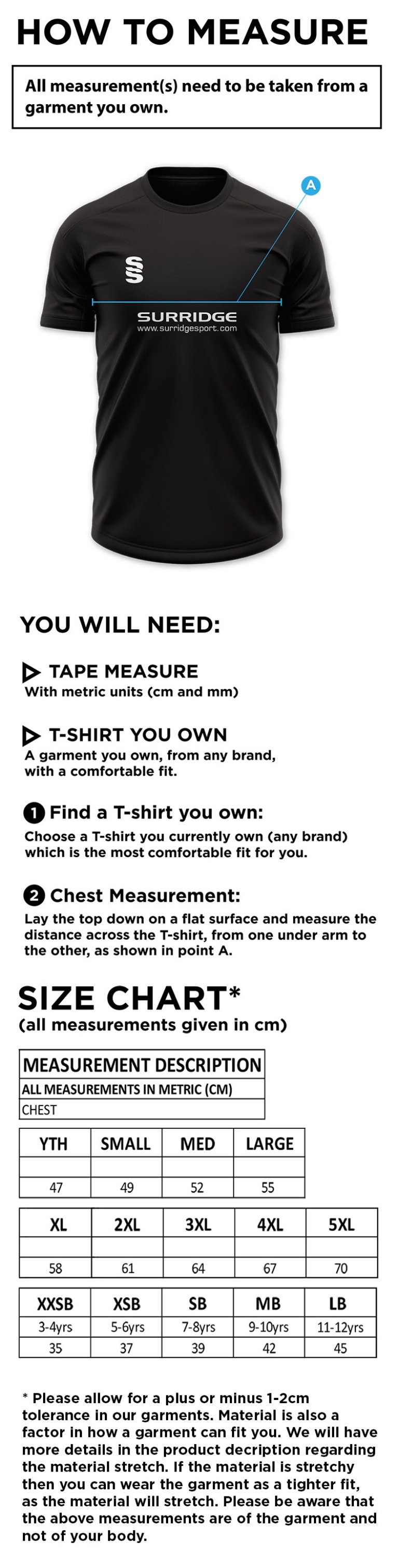 Oakfield Parkonians CC - Dual Games Shirt - Size Guide